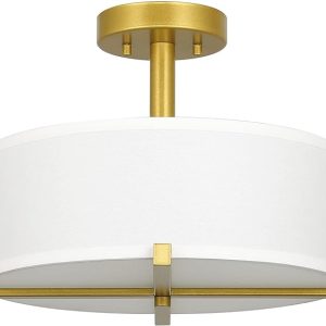 XiNBEi Lighting Lámpara de techo semiempotrada, moderna lámpara de tambor de latón dorado con pantalla de tela, iluminación de techo de tambor de 3 luces para sala de estar, dormitorio, cocina