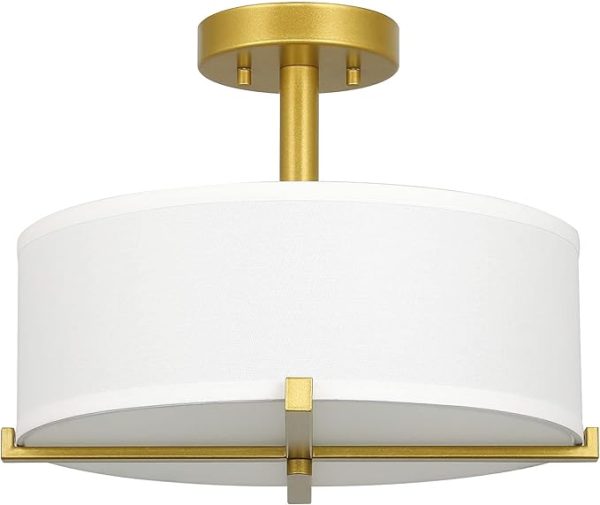 XiNBEi Lighting Lámpara de techo semiempotrada, moderna lámpara de tambor de latón dorado con pantalla de tela, iluminación de techo de tambor de 3 luces para sala de estar, dormitorio, cocina