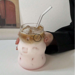 1 pieza Taza de café de vidrio de 550ml (sin pajita), taza de vidrio con forma ondulada