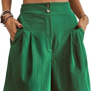 Pantalones cortos casuales para mujer, hasta la rodilla, de algodón, ajuste holgado, con botones, de lino, plisados, cintura elástica, con bolsillos