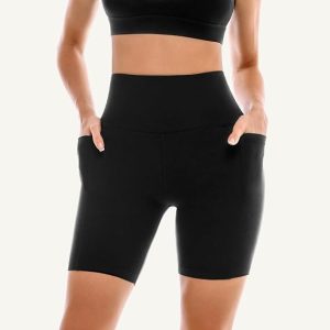 Paquete de 2 pantalones cortos de ciclismo para mujer con bolsillos, pantalones cortos de yoga de cintura alta para mujer, correr, gimnasio y entrenamiento