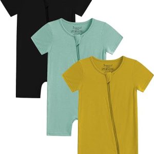 Manga Corta para Bebés Niños y Niñas Pijama Unisex para Bebé sin Pies con Cremallera Frontal de Viscosa de 2 Vías 3 Piezas 0-24 Meses