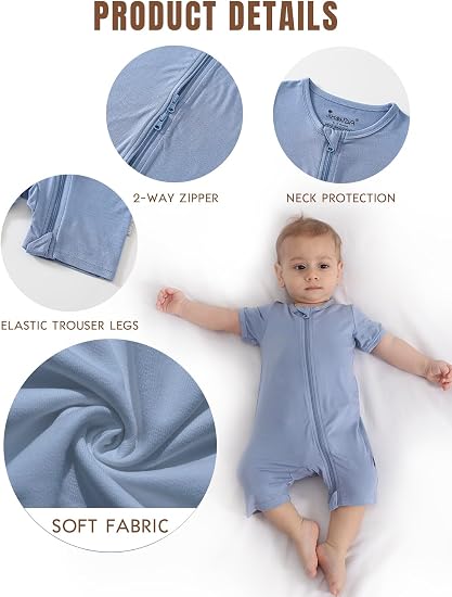 Manga Corta para Bebés Niños y Niñas Pijama Unisex para Bebé sin Pies con Cremallera Frontal de Viscosa de 2 Vías 3 Piezas 0-24 Meses - Imagen 3