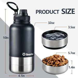 Botella de agua aislada para perros con 2 cuencos, termo de doble pared de acero inoxidable de viaje de 32 onzas, dispensador portátil para mascotas, regalos para cachorros, perros pequeños y medianos