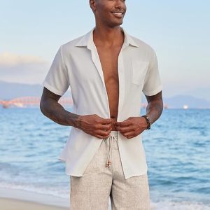 Pantalones cortos de lino para hombre, cintura elástica, cordón ajustable, ajuste holgado, pantalones cortos de playa para verano y vacaciones, con bolsillos
