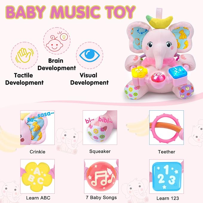 Ryotagift Animales de Peluche Juguetes de Elefante Musical Bilingüe para Bebé, Juguete de Aprendizaje Temprano para Infantes con Música con Luces y Crujido, Juguetes para Tiempo Boca Abajo para 0 3 6 - Imagen 3