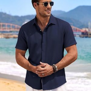 Camisas de lino para hombre de manga corta, camisas casuales con botones para hombre, camisa de playa de verano, camisa para boda