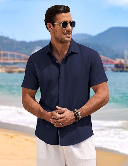 Camisas de lino para hombre de manga corta, camisas casuales con botones para hombre, camisa de playa de verano, camisa para boda