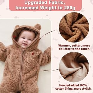 Mono con diseño de oso para recién nacido, con manoplas plegables y calcetines, de forro polar, para invierno, con capucha, para niñas y niños