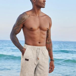 Pantalones cortos de lino para hombre, cintura elástica, cordón ajustable, ajuste holgado, pantalones cortos de playa para verano y vacaciones, con bolsillos
