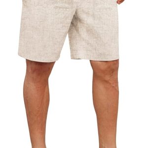 Pantalones cortos de lino para hombre, cintura elástica, cordón ajustable, ajuste holgado, pantalones cortos de playa para verano y vacaciones, con bolsillos