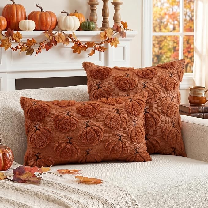 Fundas de cojín Artscope Pumpkin Fall de 18x18 pulgadas, juego de 2, fundas de cojín decorativas de felpa suave de piel sintética para el Día de Acción de Gracias, sofá, dormitorio - Imagen 3