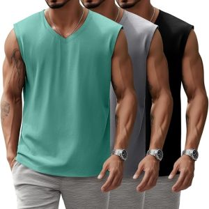 Paquete de 3 camisetas sin mangas con cuello en V para hombre, 95% algodón, sin mangas, grandes y altas, camisetas de entrenamiento para gimnasio