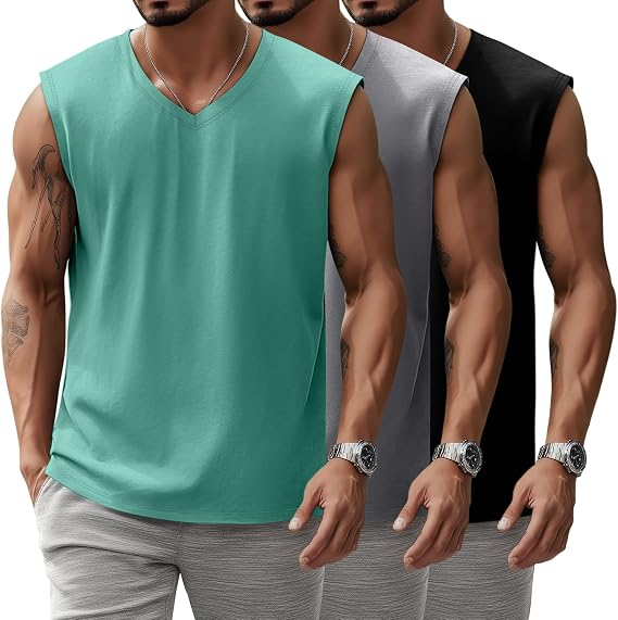 Paquete de 3 camisetas sin mangas con cuello en V para hombre, 95% algodón, sin mangas, grandes y altas, camisetas de entrenamiento para gimnasio - Imagen 4