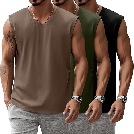 Paquete de 3 camisetas sin mangas con cuello en V para hombre, 95% algodón, sin mangas, grandes y altas, camisetas de entrenamiento para gimnasio - Imagen 6