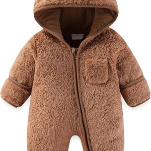 Mono con diseño de oso para recién nacido, con manoplas plegables y calcetines, de forro polar, para invierno, con capucha, para niñas y niños