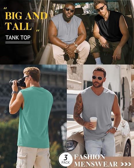 Paquete de 3 camisetas sin mangas con cuello en V para hombre, 95% algodón, sin mangas, grandes y altas, camisetas de entrenamiento para gimnasio - Imagen 2
