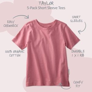 Paquete de 5 camisetas de manga corta para niños pequeños, 100% algodón orgánico para niños y niñas
