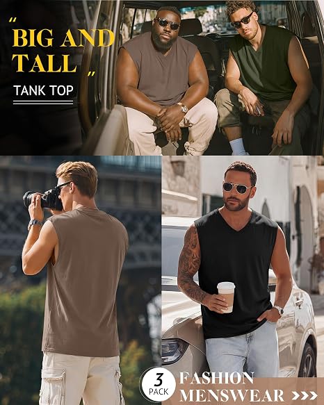 Paquete de 3 camisetas sin mangas con cuello en V para hombre, 95% algodón, sin mangas, grandes y altas, camisetas de entrenamiento para gimnasio