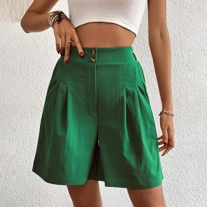 Pantalones cortos casuales para mujer, hasta la rodilla, de algodón, ajuste holgado, con botones, de lino, plisados, cintura elástica, con bolsillos