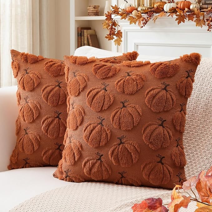 Fundas de cojín Artscope Pumpkin Fall de 18x18 pulgadas, juego de 2, fundas de cojín decorativas de felpa suave de piel sintética para el Día de Acción de Gracias, sofá, dormitorio